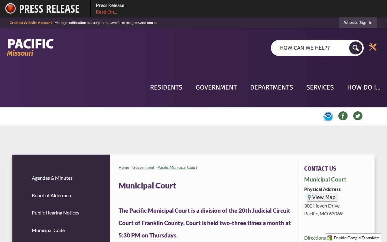 Pacific Missouri Municipal Court contact and case system information