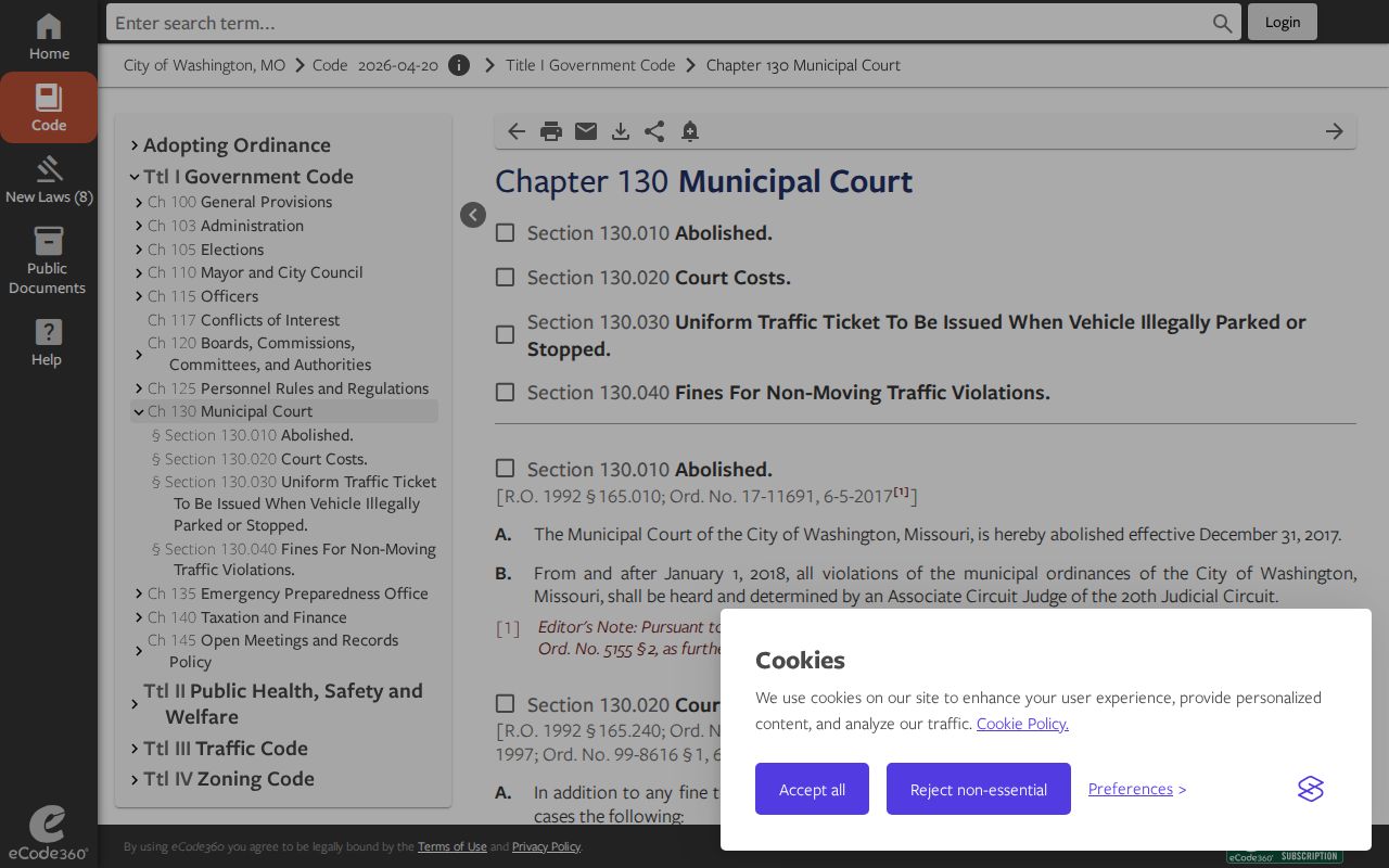 Washington Missouri code showing associate-circuit routing for ordinance cases