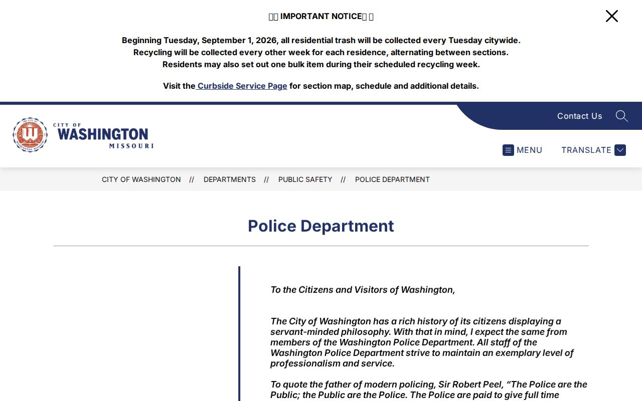 Washington Missouri Police Department official contact page