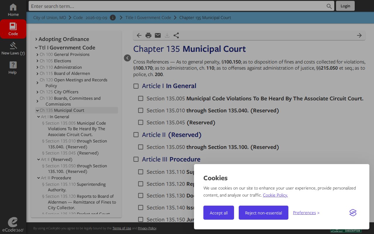 Union Missouri ordinance provisions for municipal cases and warrants